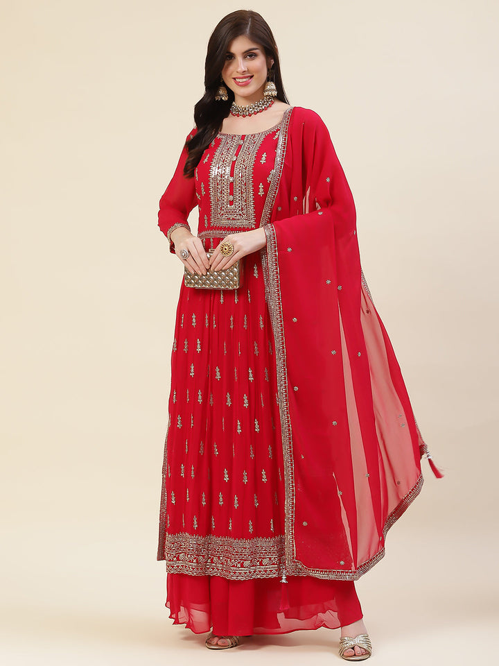 Resham Sequin Booti Georgette Kurta With Palazzo &amp; Dupatta