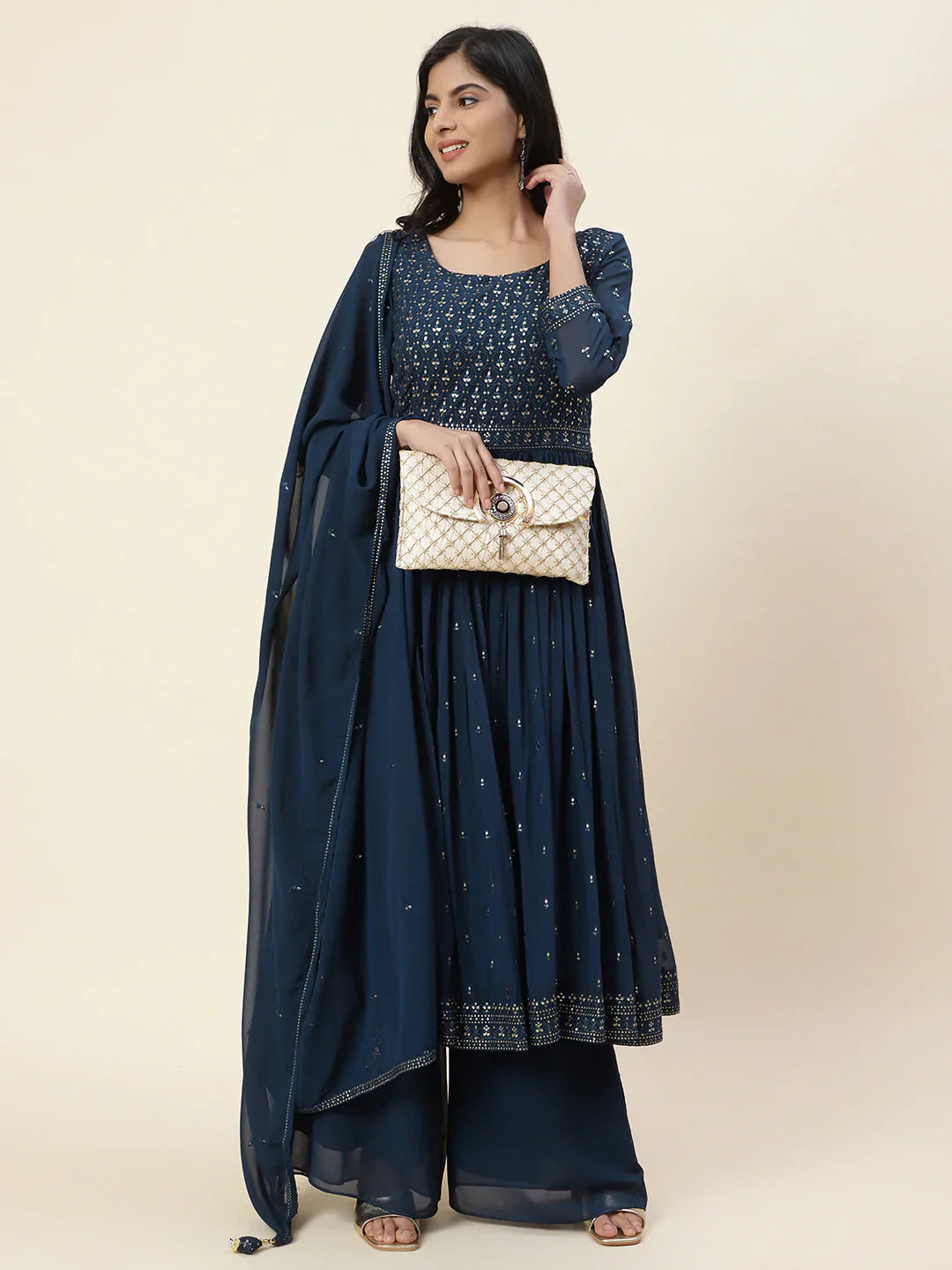 Resham Sequin Embroidered Georgette Kurta With Palazzo &amp; Dupatta