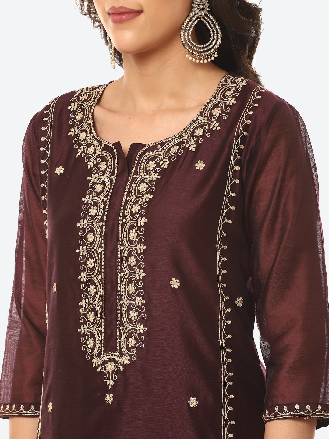 Zari Neck Embroidered Booti Chanderi Kurta With Pant &amp; Dupatta
