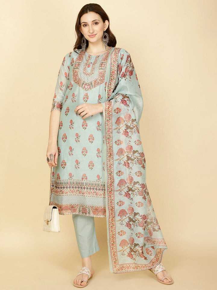 Floral Printed Chanderi Kurta With Pants &amp; Dupatta