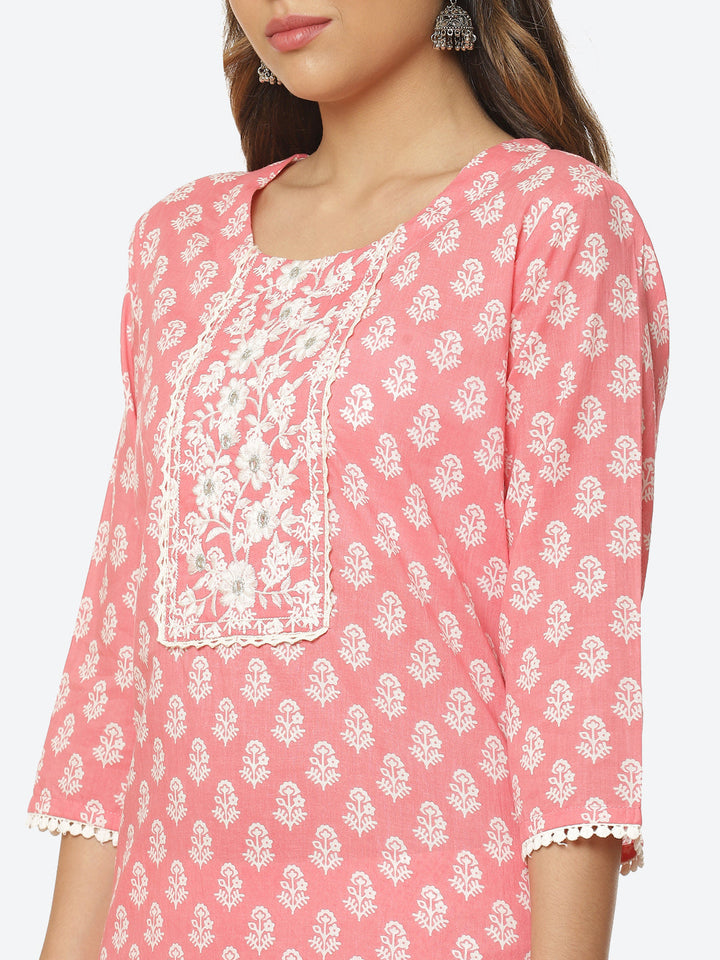 Floral Printed Cotton Kurta With Pant &amp; Dupatta