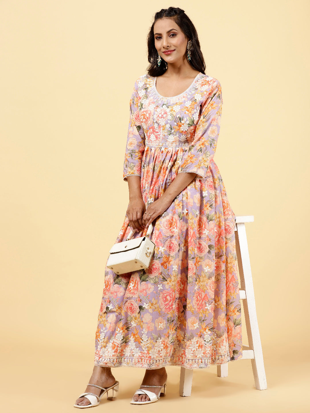 Floral Printed &amp; Neck Embroidered Cotton Kurta