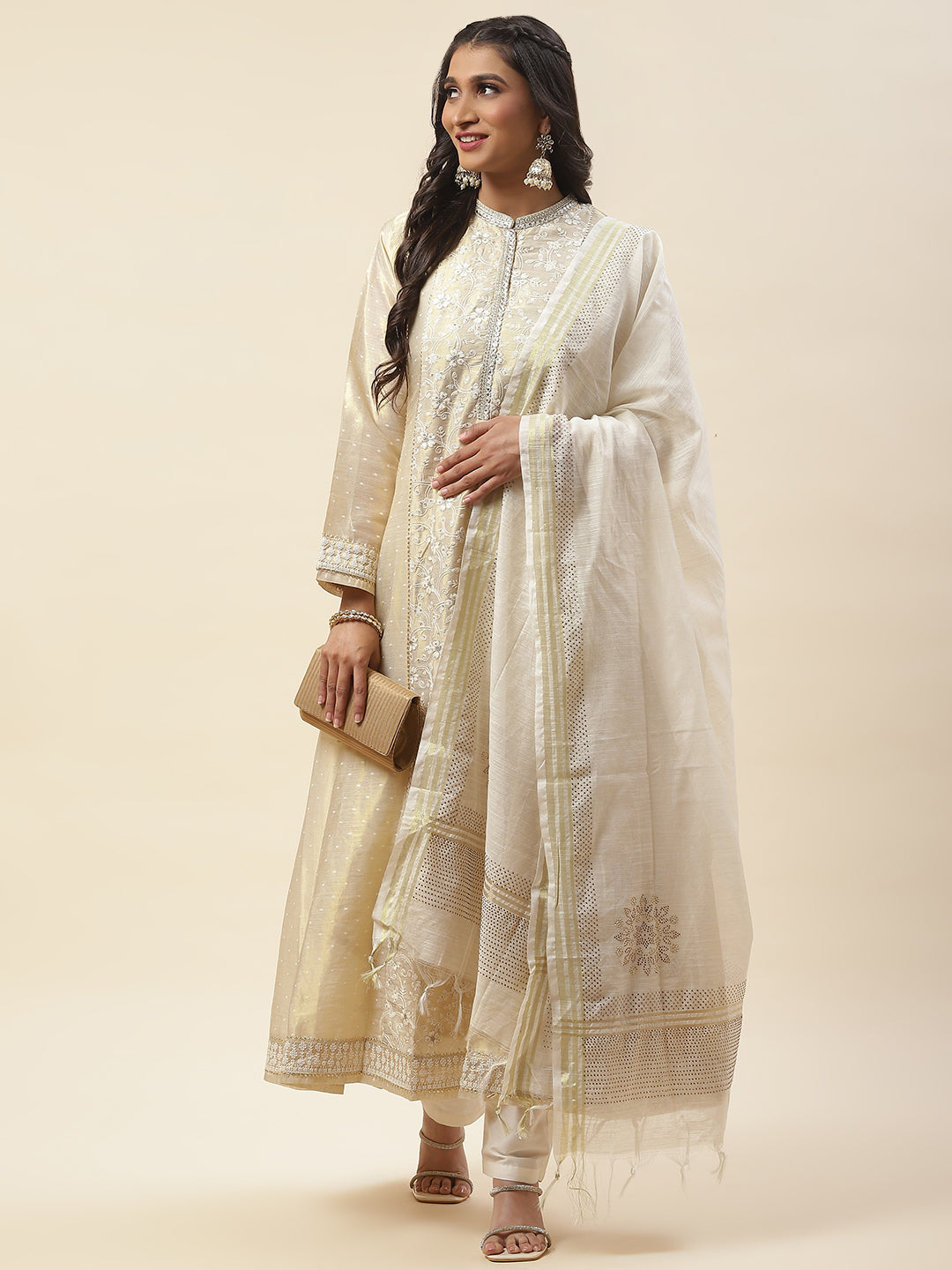 Resham Booti Embroidered Cotton Anarkali Kurta With Churidar &amp; Dupatta