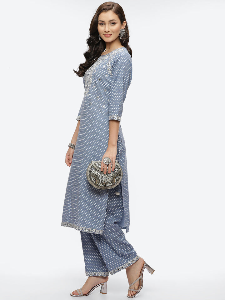 Mirror Neck Embroidered Cotton Kurta With Palazzo