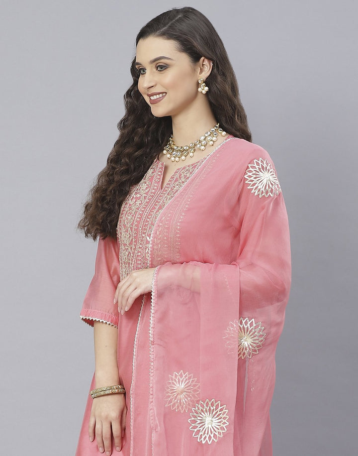 Peach Pink and Yellow Cotton Chanderi Salwar Kameez