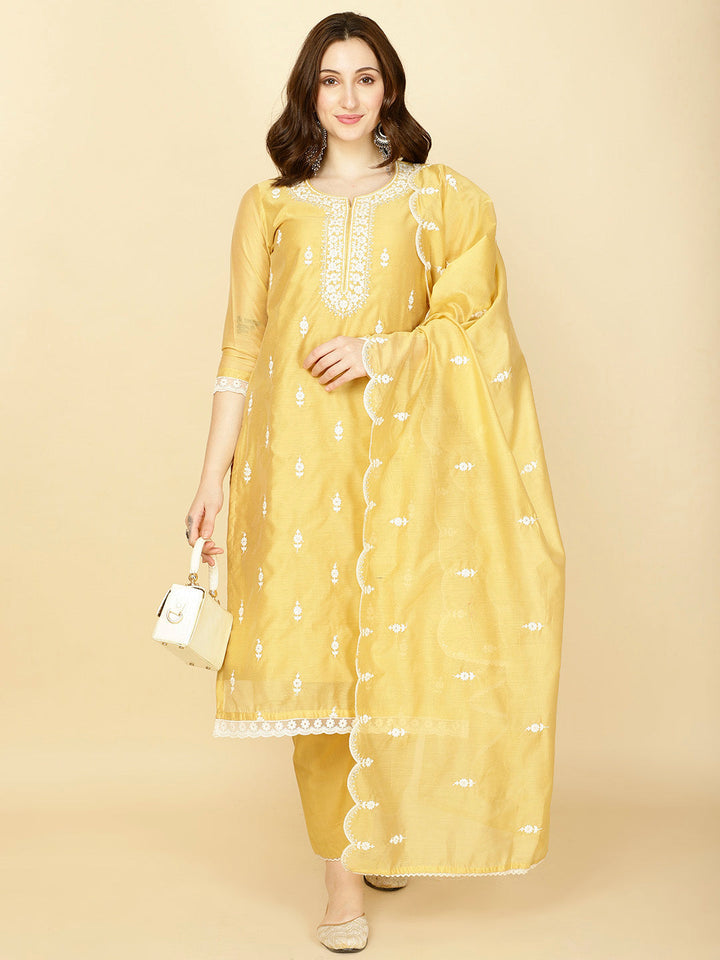 Floral Embroidery Chanderi Kurta With Pants &amp; Dupatta