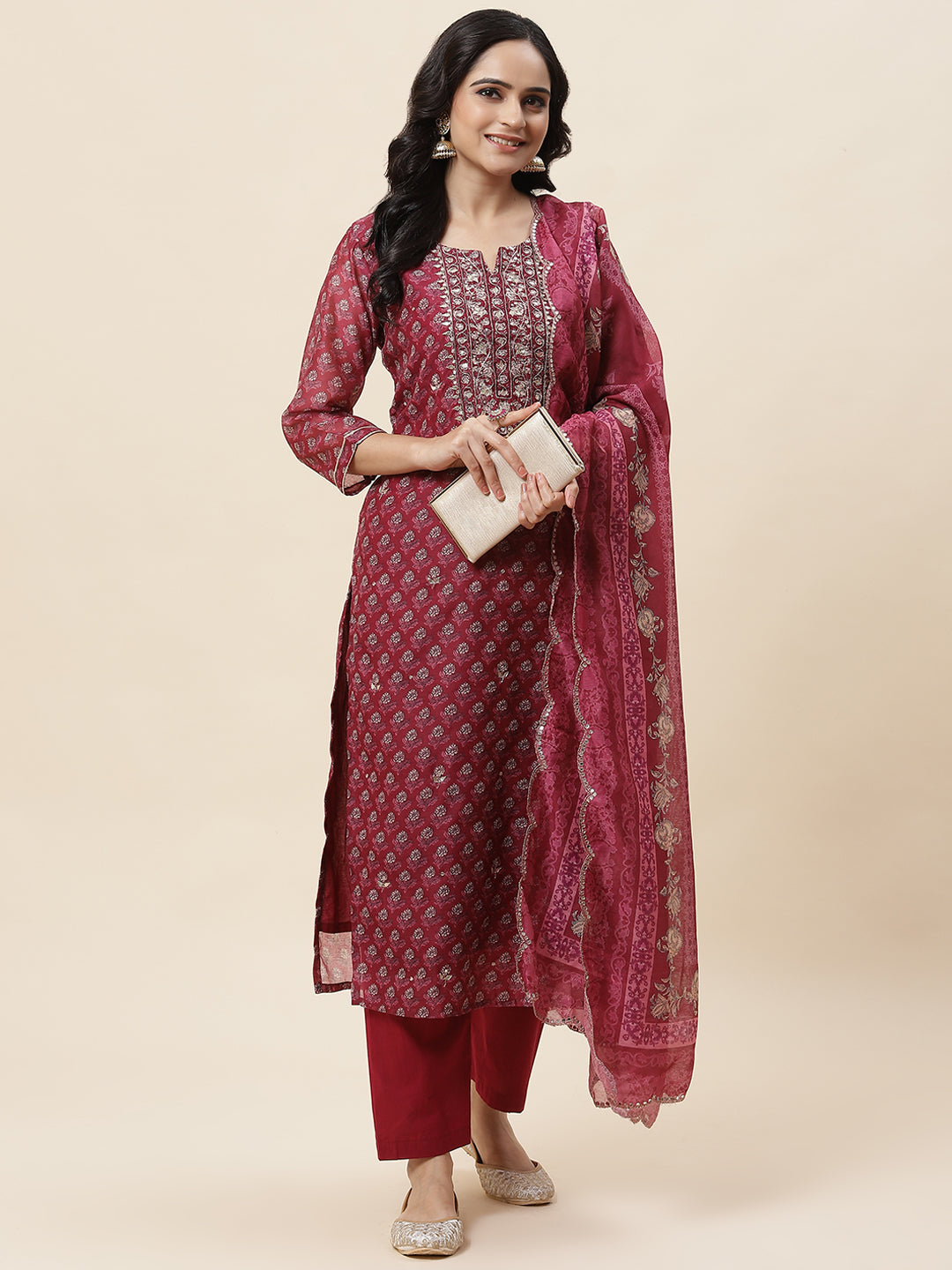 Floral Printed Chanderi Kurta With Pants &amp; Dupatta