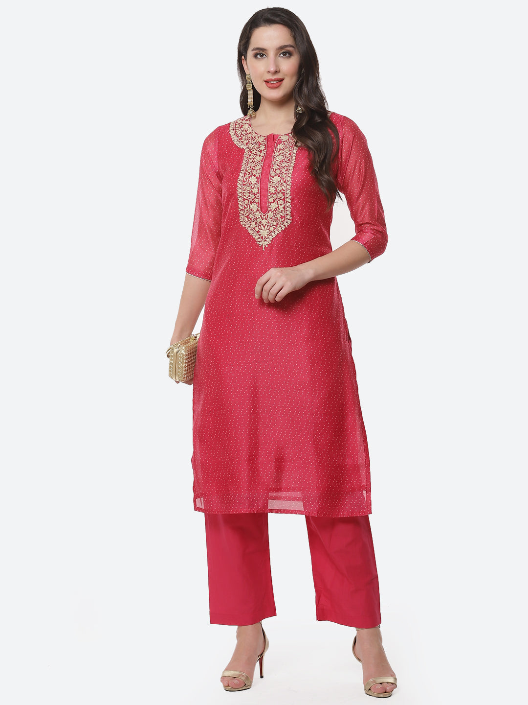 Neck Embroidered Chanderi Kurti With Pant