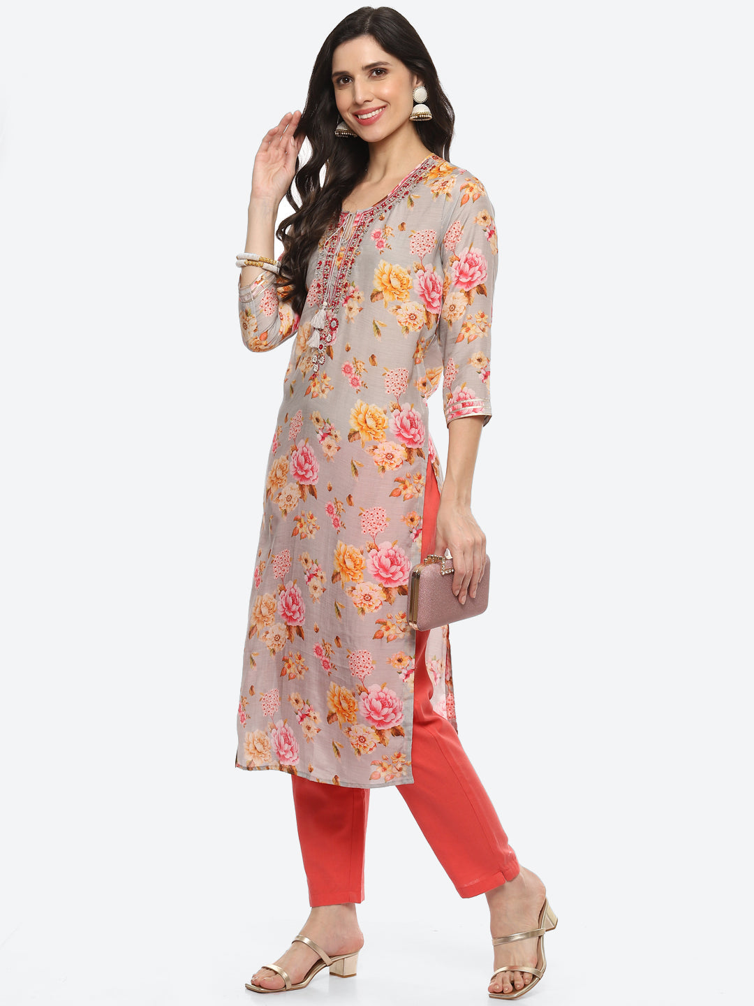 Sequin Work Yoke Printed Muslin Kurta