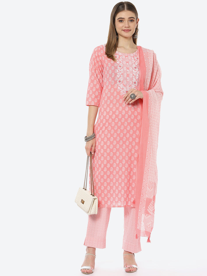 Resham Neck Booti Cotton Kurta With Pant &amp; Cotton Dupatta