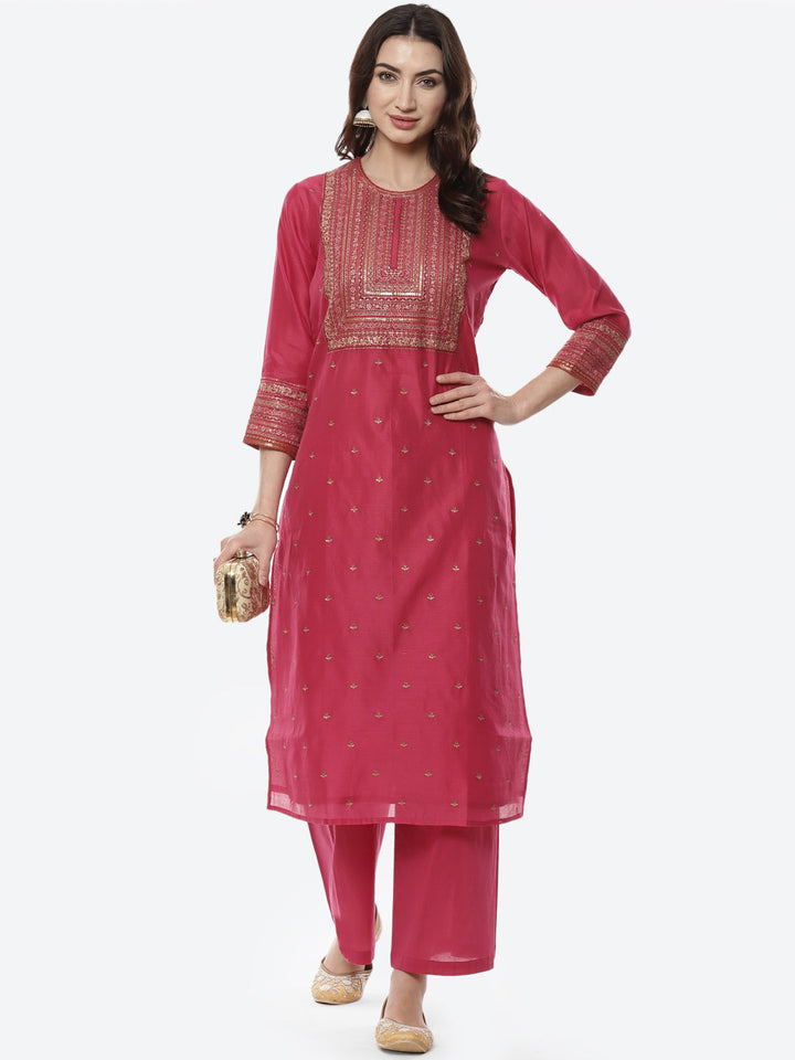 Zari Work Embroidered Chanderi Kurti With Palazzo