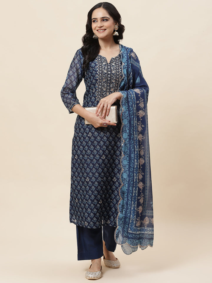 Floral Printed Chanderi Kurta With Pants &amp; Dupatta