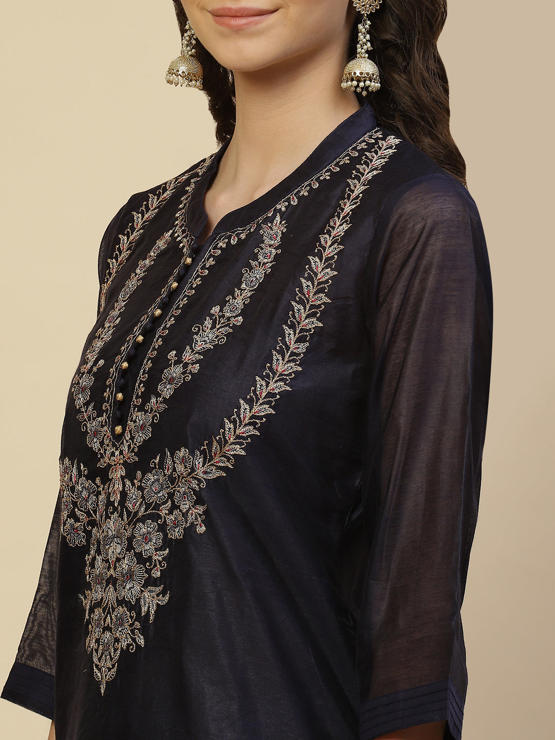 Resham Neck Embroidered Chanderi Kurta With Pants &amp; Dupatta