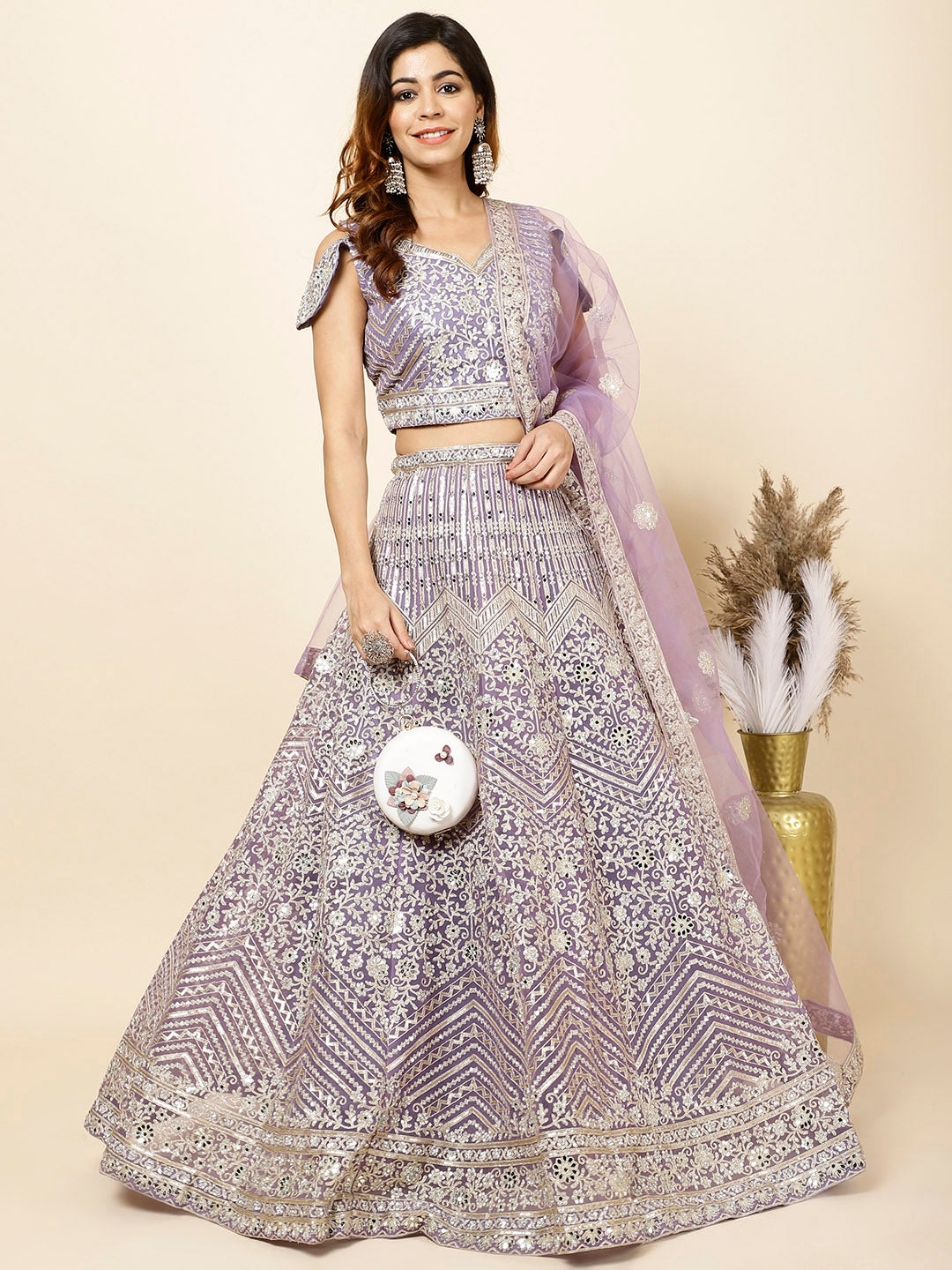 Zari Embroidered Net Choli With Lehenga &amp; Dupatta