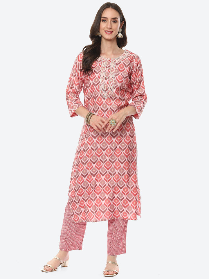 Printed Neck Embroidered Patti Chanderi Kurta With Pant