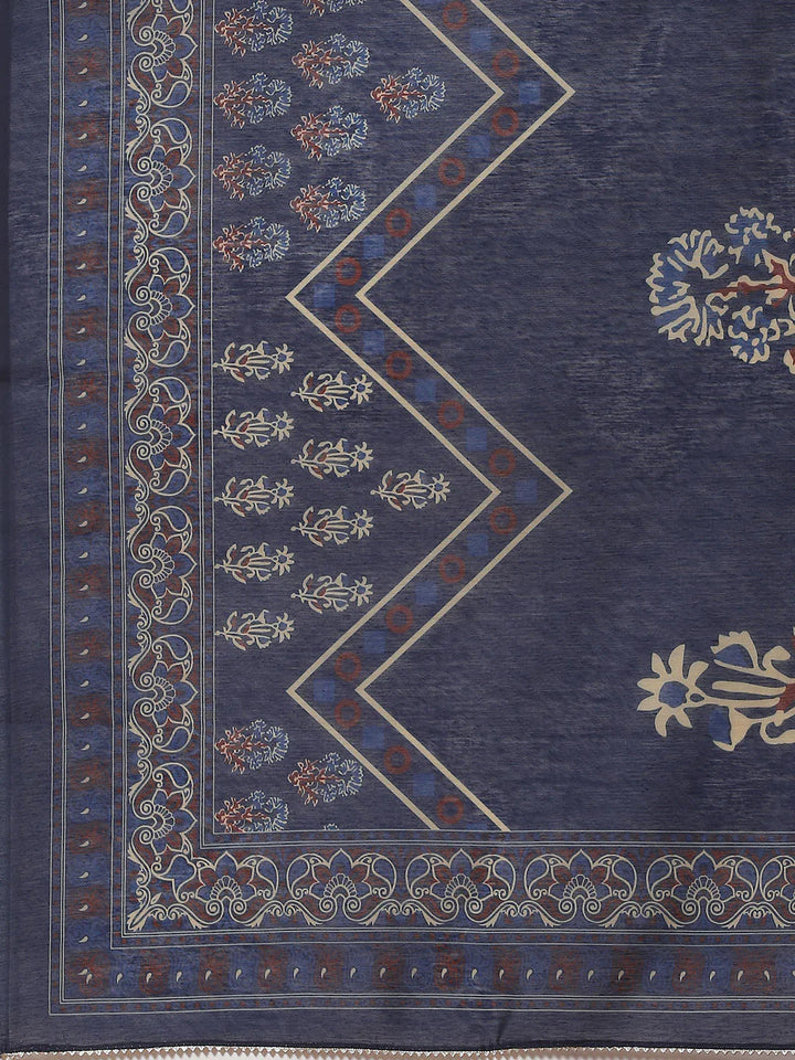 Indigo Printed Chanderi Unstitched Suit Piece With Dupatta