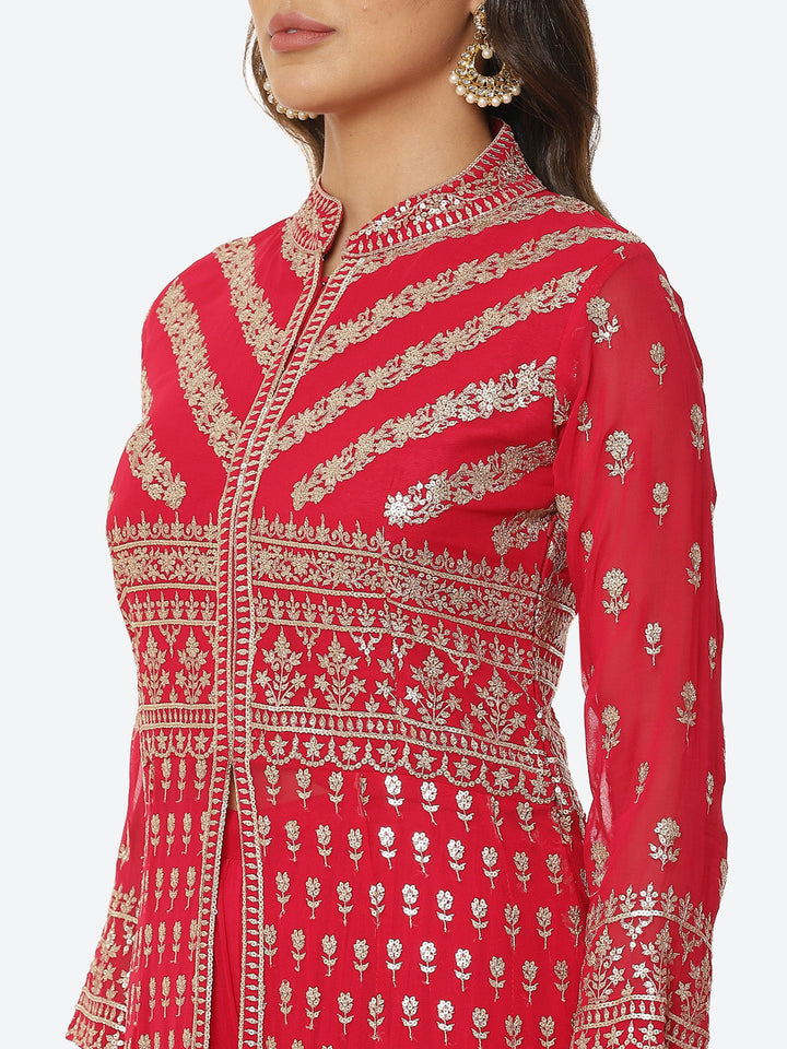 Zari Booti Georgette Kurta With Palazzo &amp; Net Dupatta