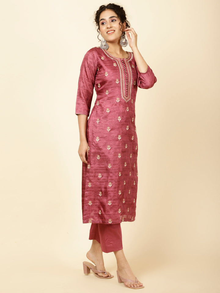 Embroidered Tussar Kurta With Pants &amp; Dupatta