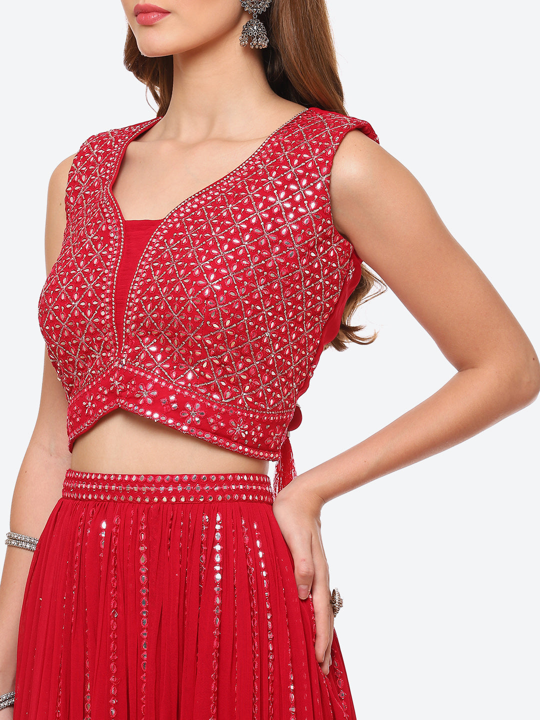 Mirror Work Georgette Choli With Laacha &amp; Net Dupatta