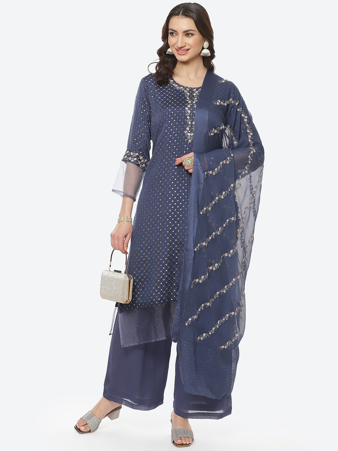 Resham Booti Neck Work Crepe Georgette Stitched Salwar Kameez With Embroidered Dupatta