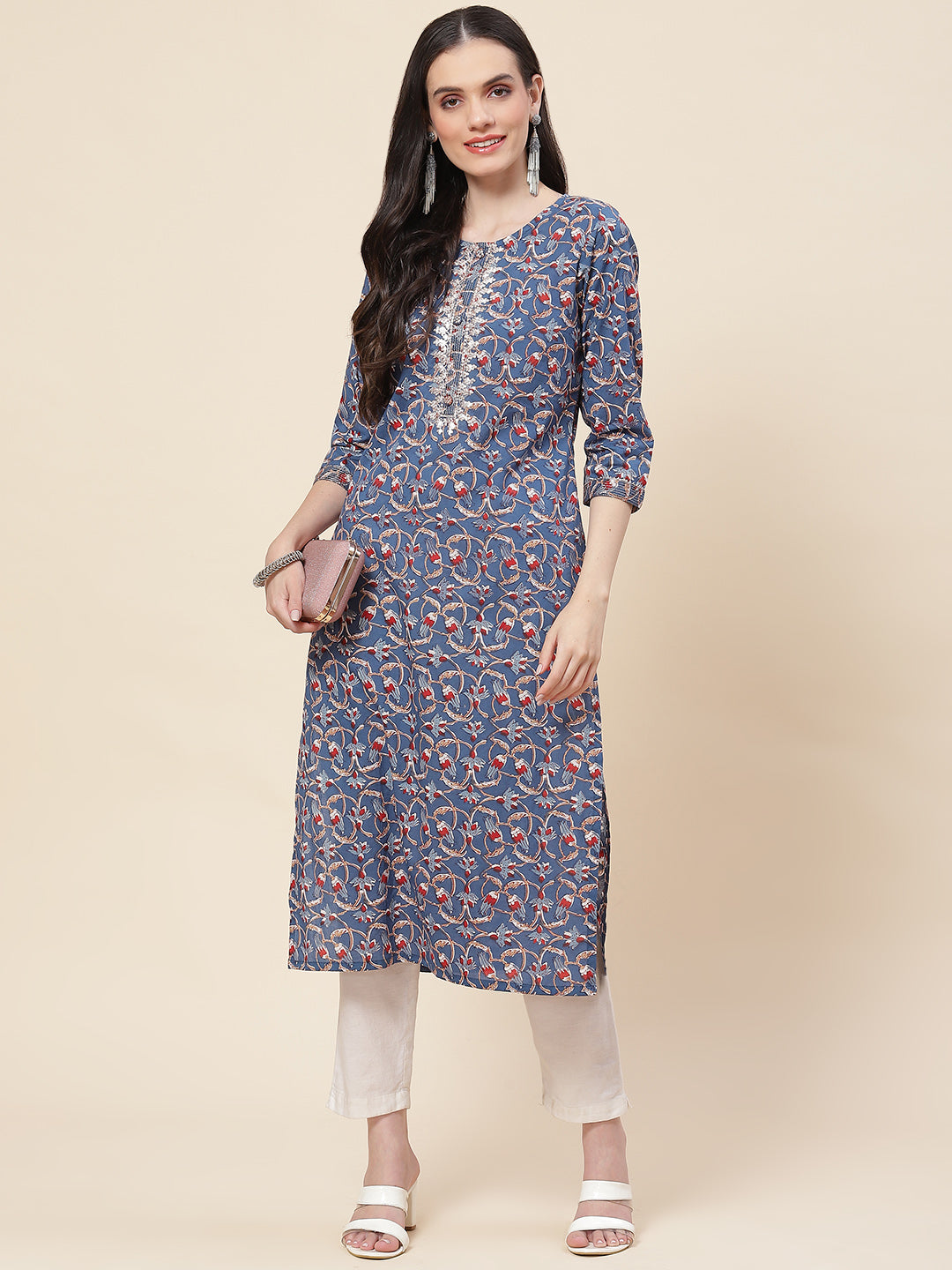 Printed &amp; Neck Embroidered Cotton Kurta