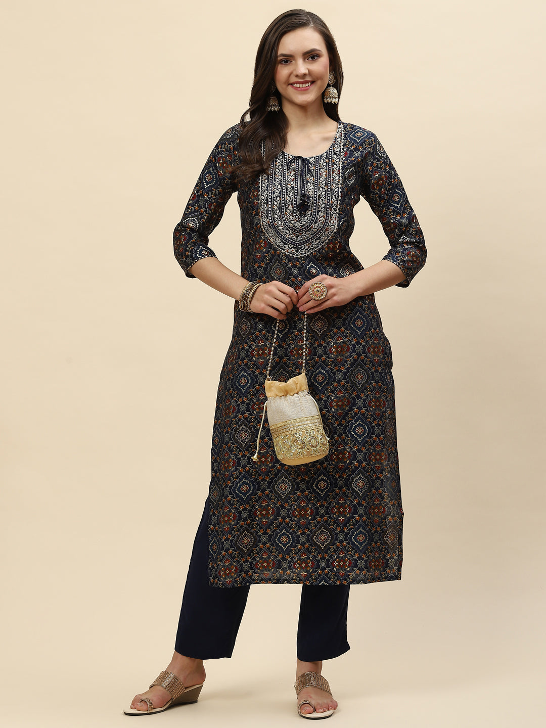 Zari Neck Embroidered &amp; Printed Muslin Kurta With Pants