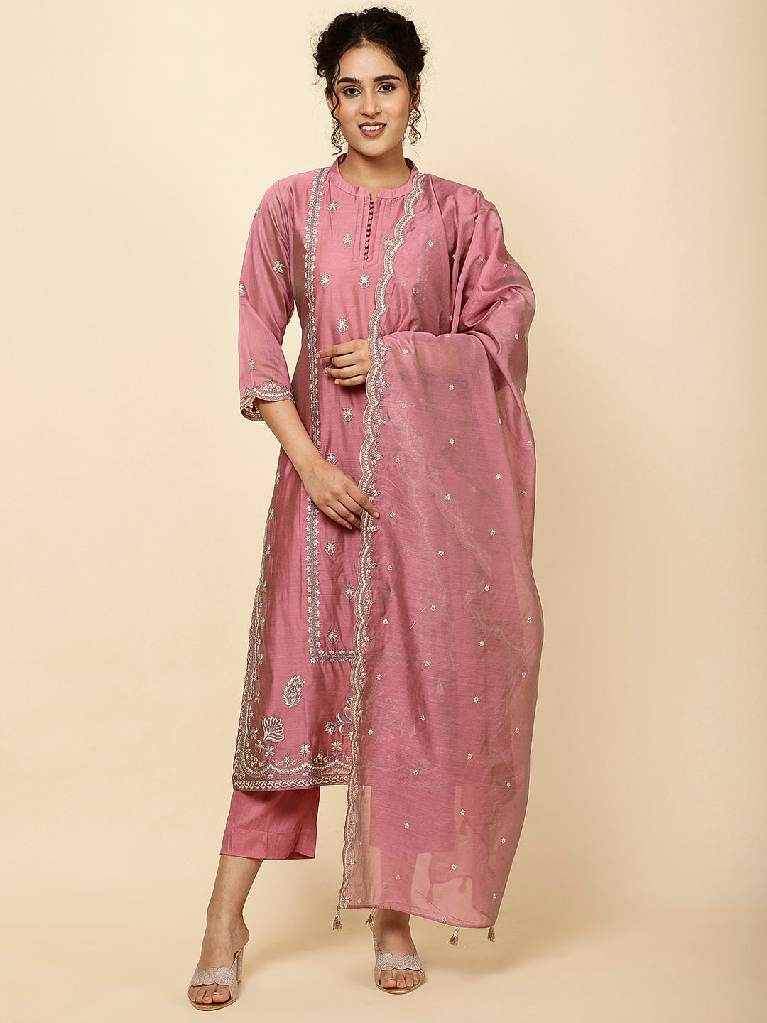 Embroidered Chanderi Kurta With Pants &amp; Dupatta