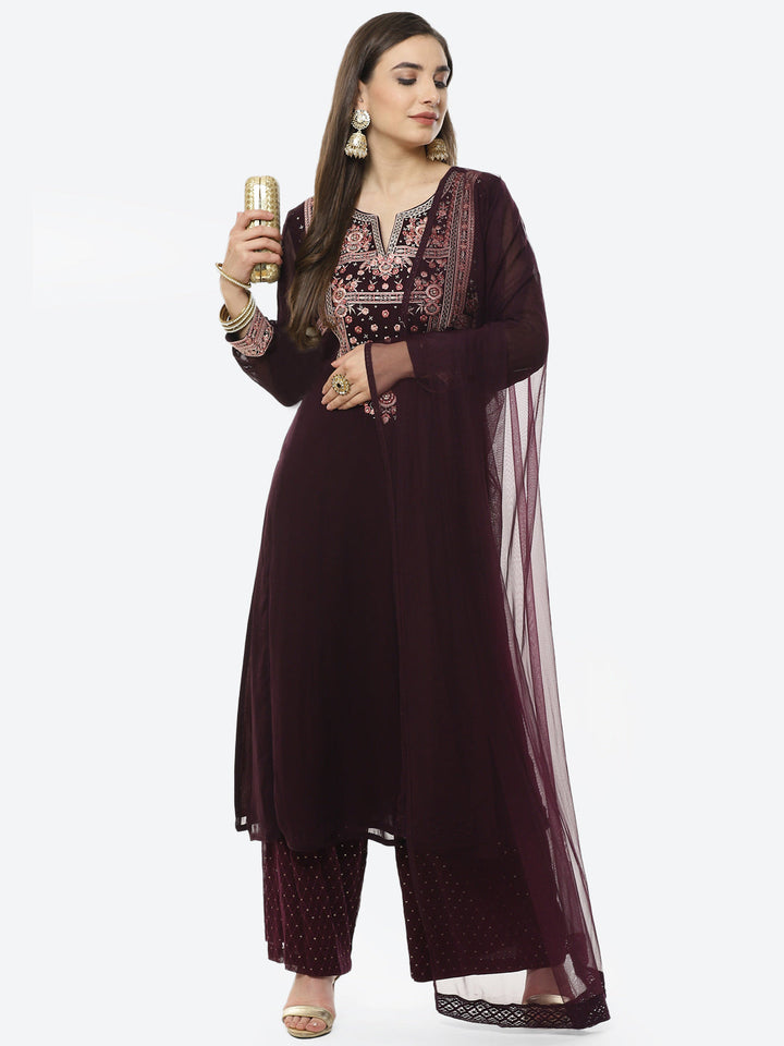 Embroidered Georgette Stitched Salwar Kameez With Net Dupatta