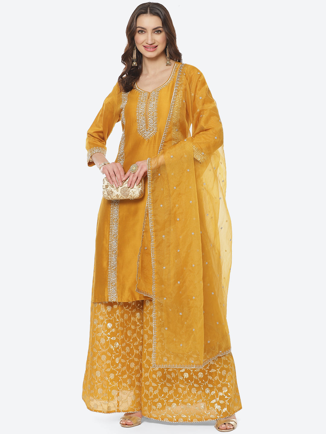 Embroidered Zari Cotton Stitched Salwar Kameez With Organza Dupatta
