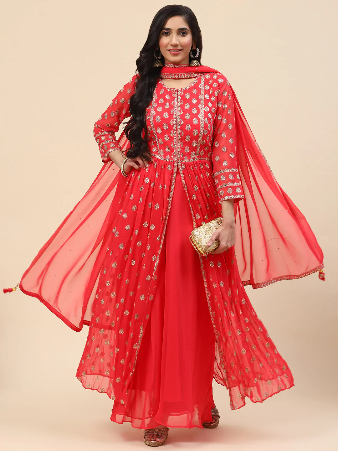 Sequin Embroidered Georgette Kurta With Sharara &amp; Dupatta