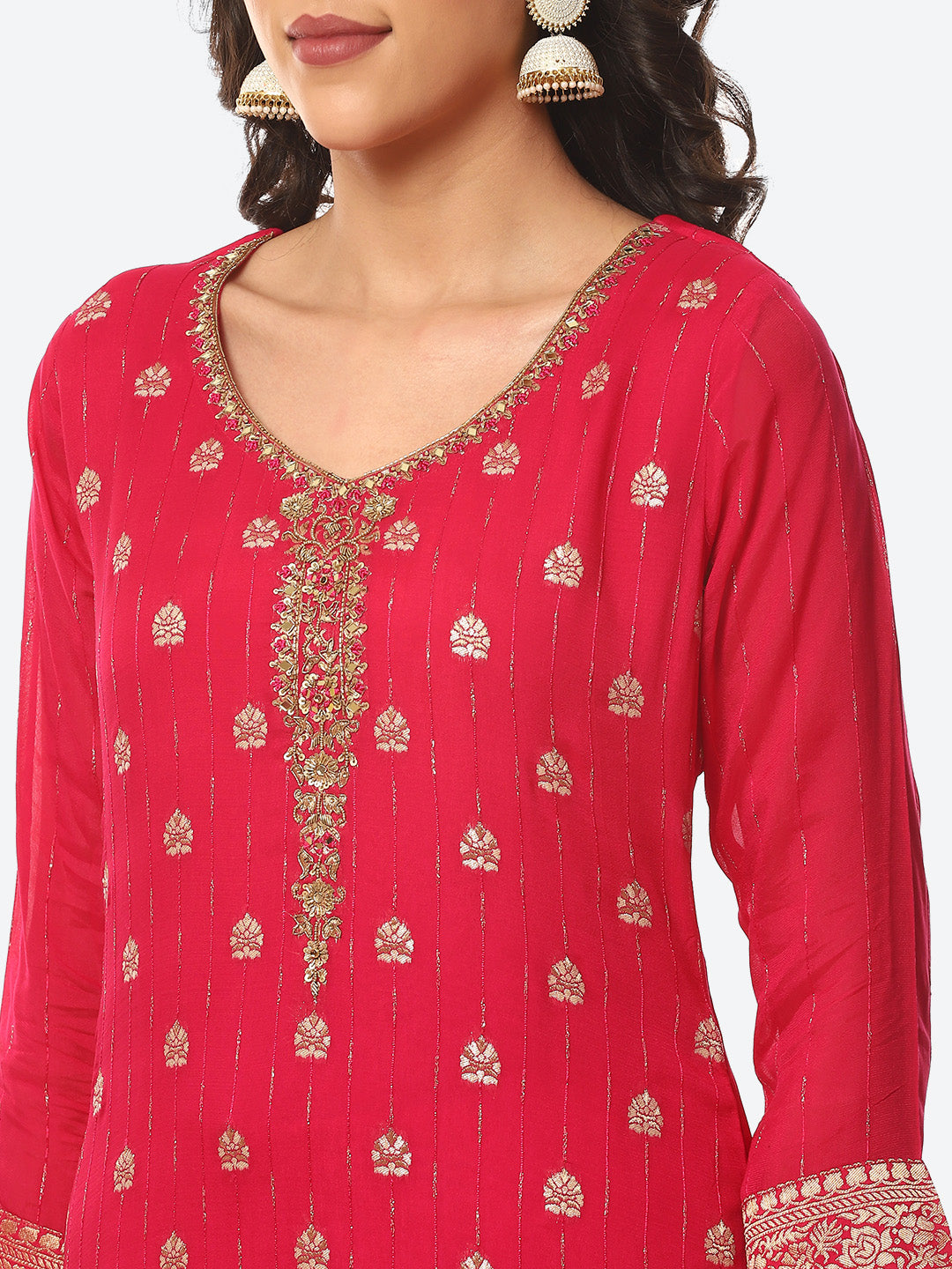 Zari Neck Embroidered Booti Border Kurta With Pant &amp; Dupatta