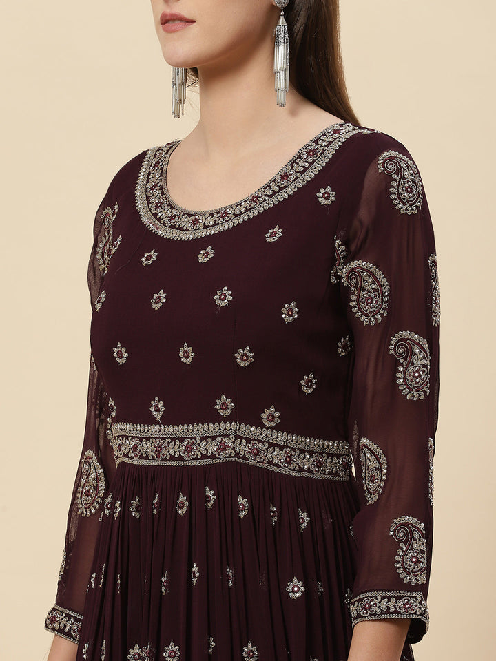 Resham Zari Embroidered Georgette Anarkali Kurta With Churidar &amp; Dupatta