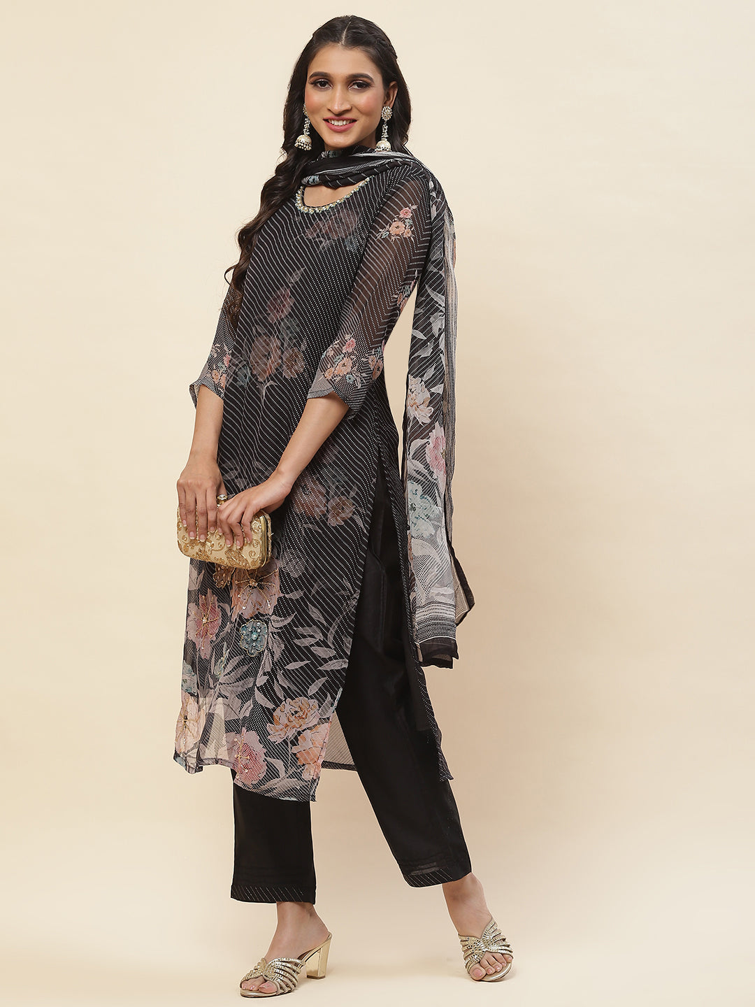 Floral Printed Georgette Kurta With Pants &amp; Dupatta