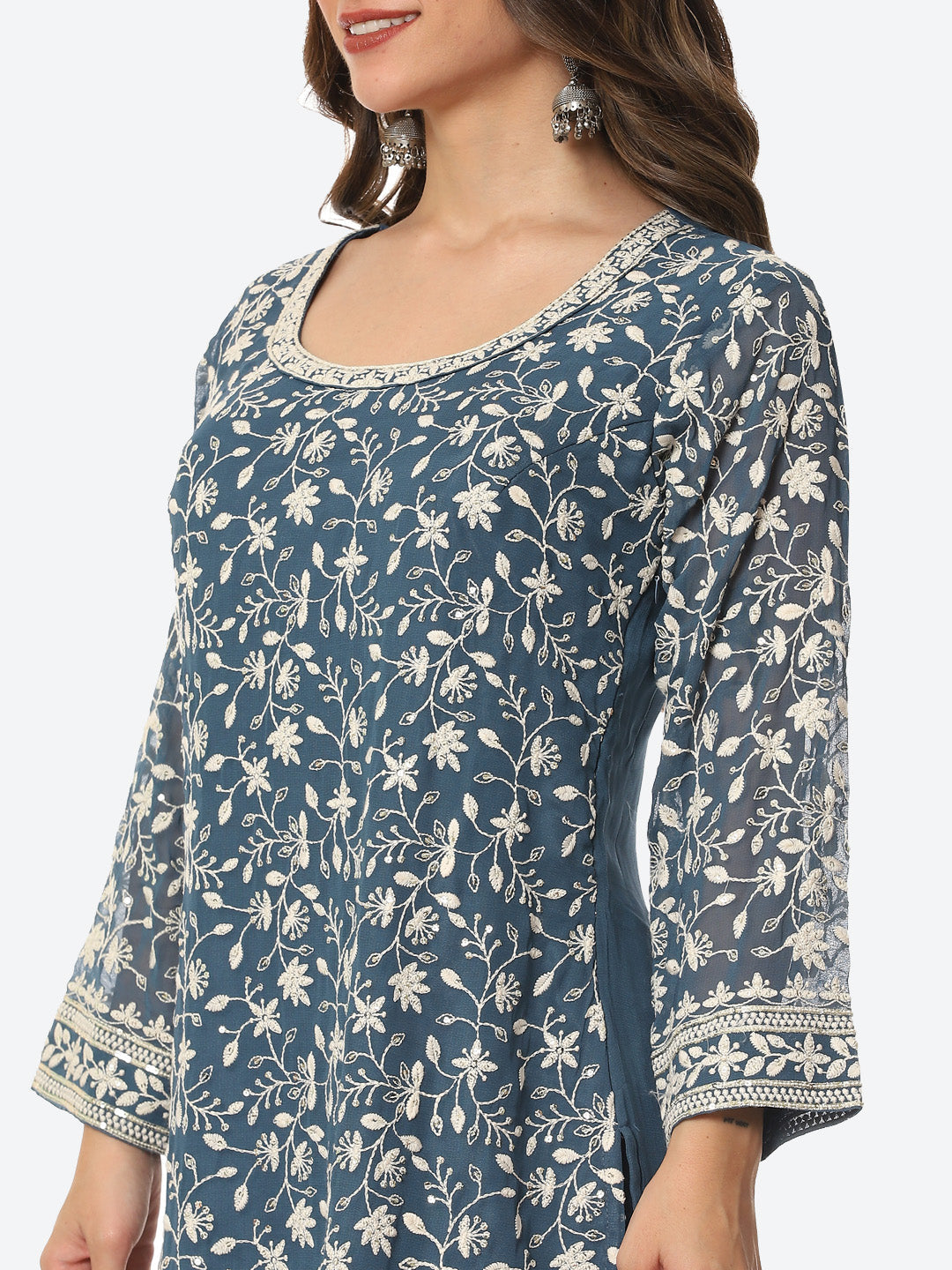 Resham Embroidered Georgette Kurta With Garara &amp; Dupatta