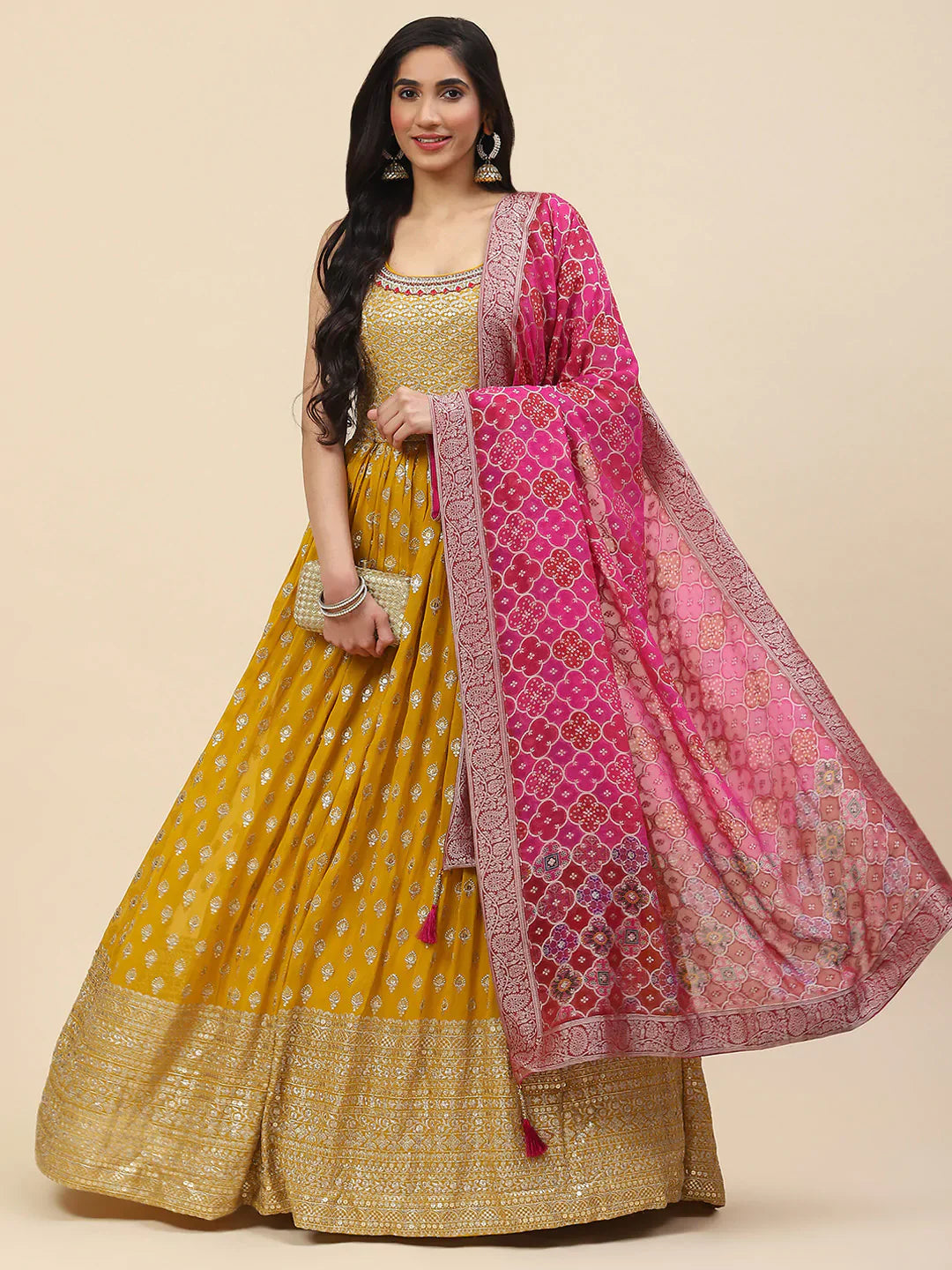 Sequin Embroidered Georgette Kurta With Churidar &amp; Dupatta
