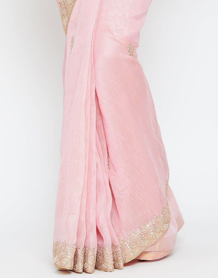 MBZ Meena Bazaar-Pink Cotton Linen Saree