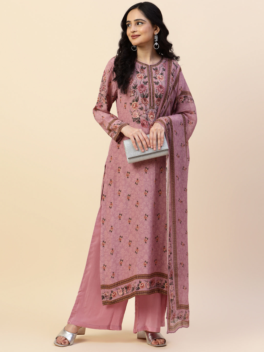 Digital Printed Crepe Kurta With Palazzo &amp; Dupatta