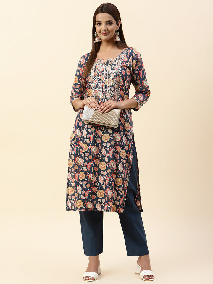 Printed &amp; Neck Embroidered Muslin Kurta With Pants