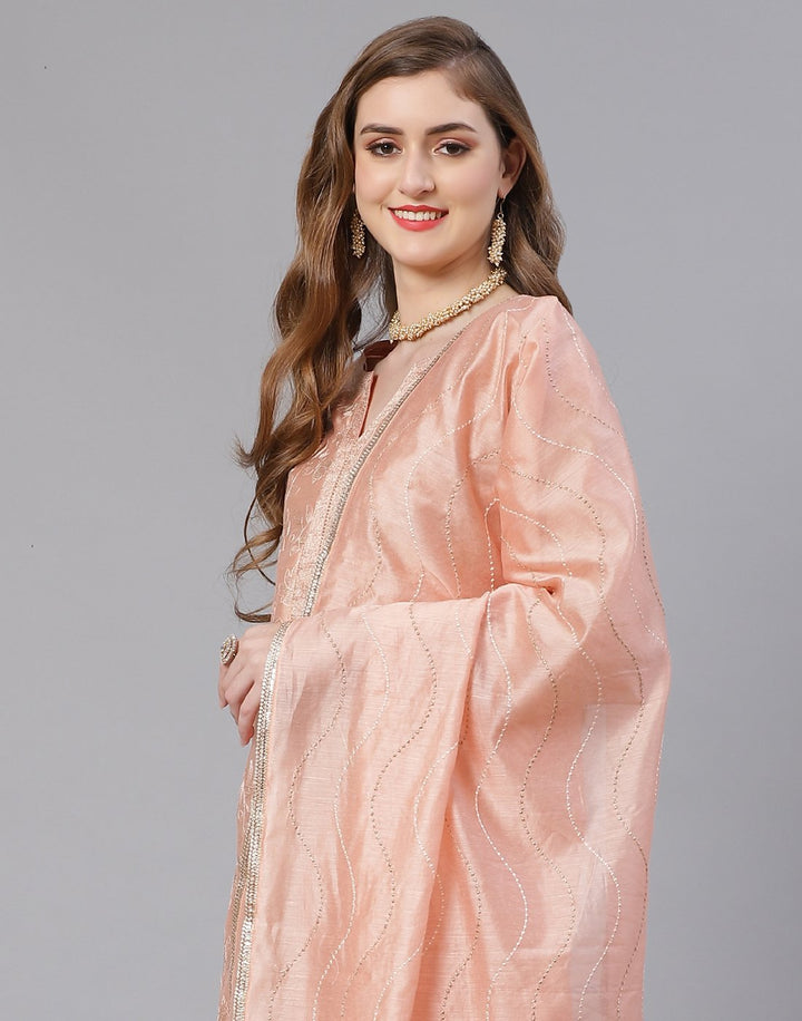 Peach and Sea Green Cotton Chanderi Salwar Kameez Stitched Suit