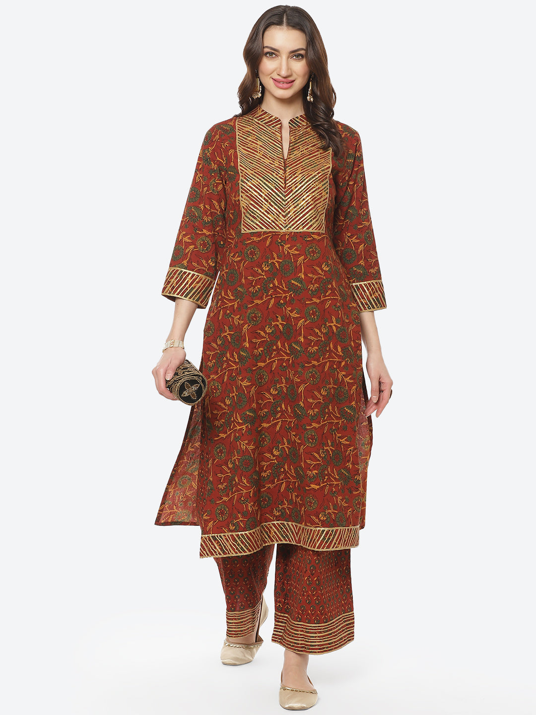Printed Gota Neck Work Cotton Kurti With Palazzo