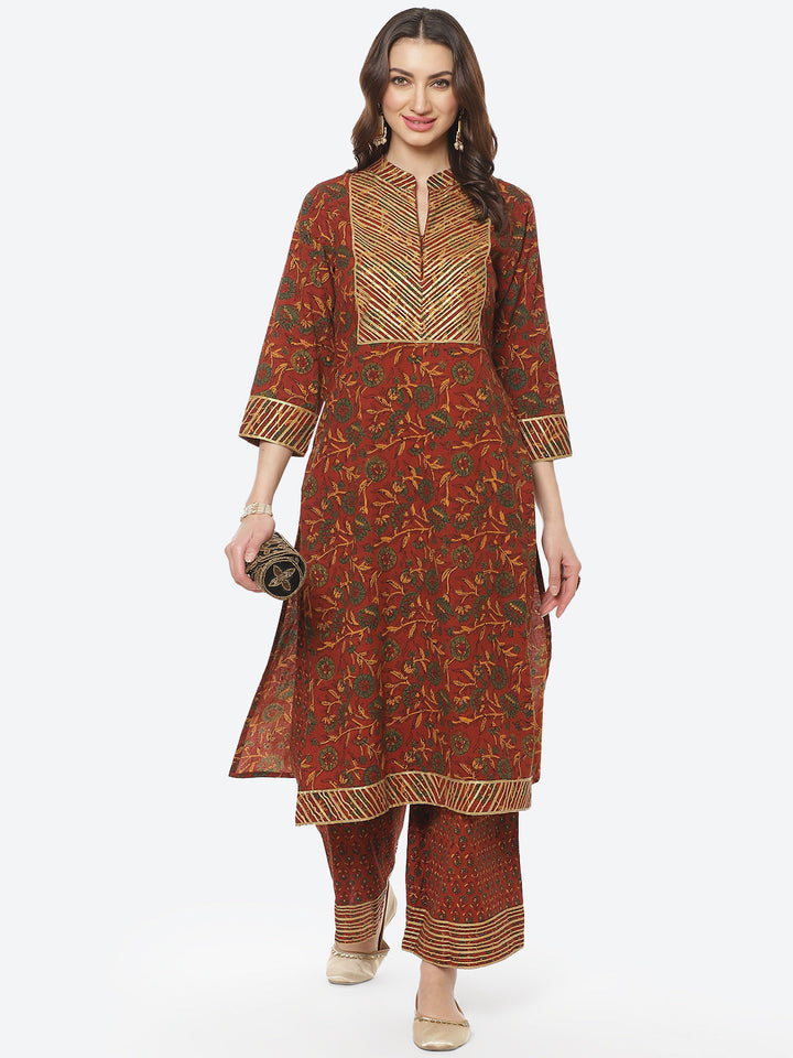 Printed Gota Neck Work Cotton Kurti With Palazzo