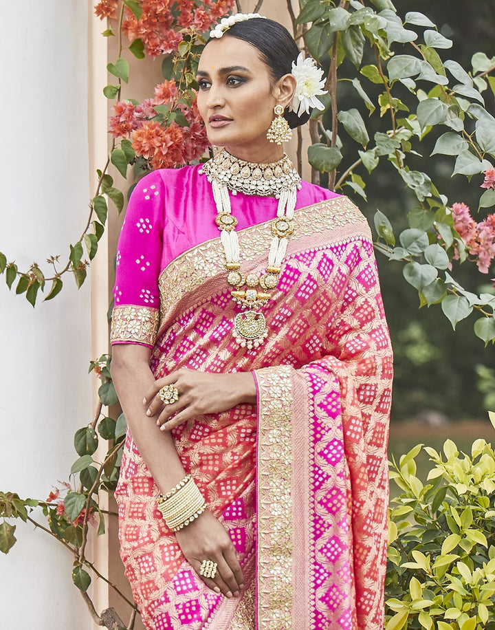Rani Peach Banarasi Saree