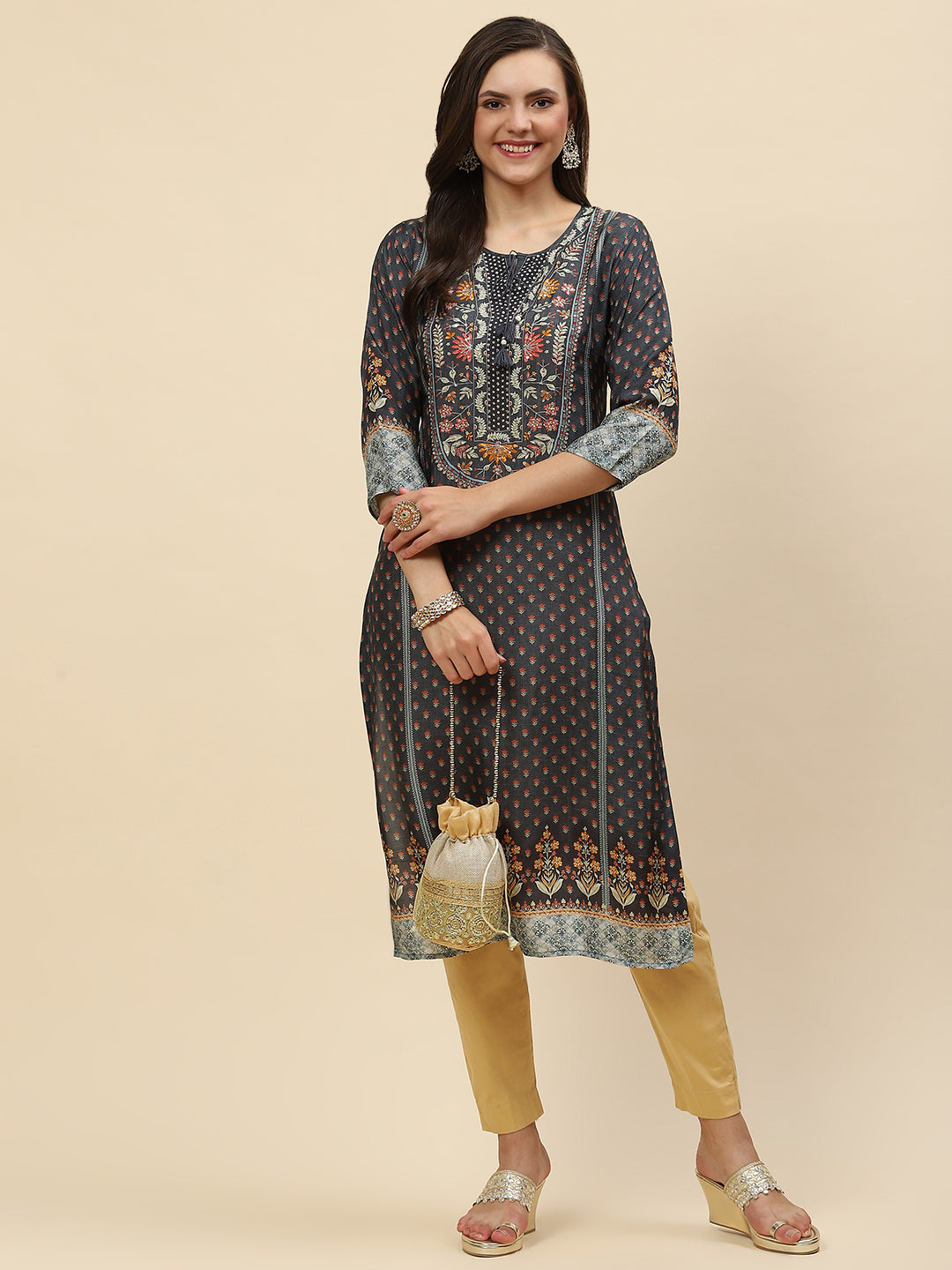 Neck Embroidered &amp; Printed Handloom Kurta