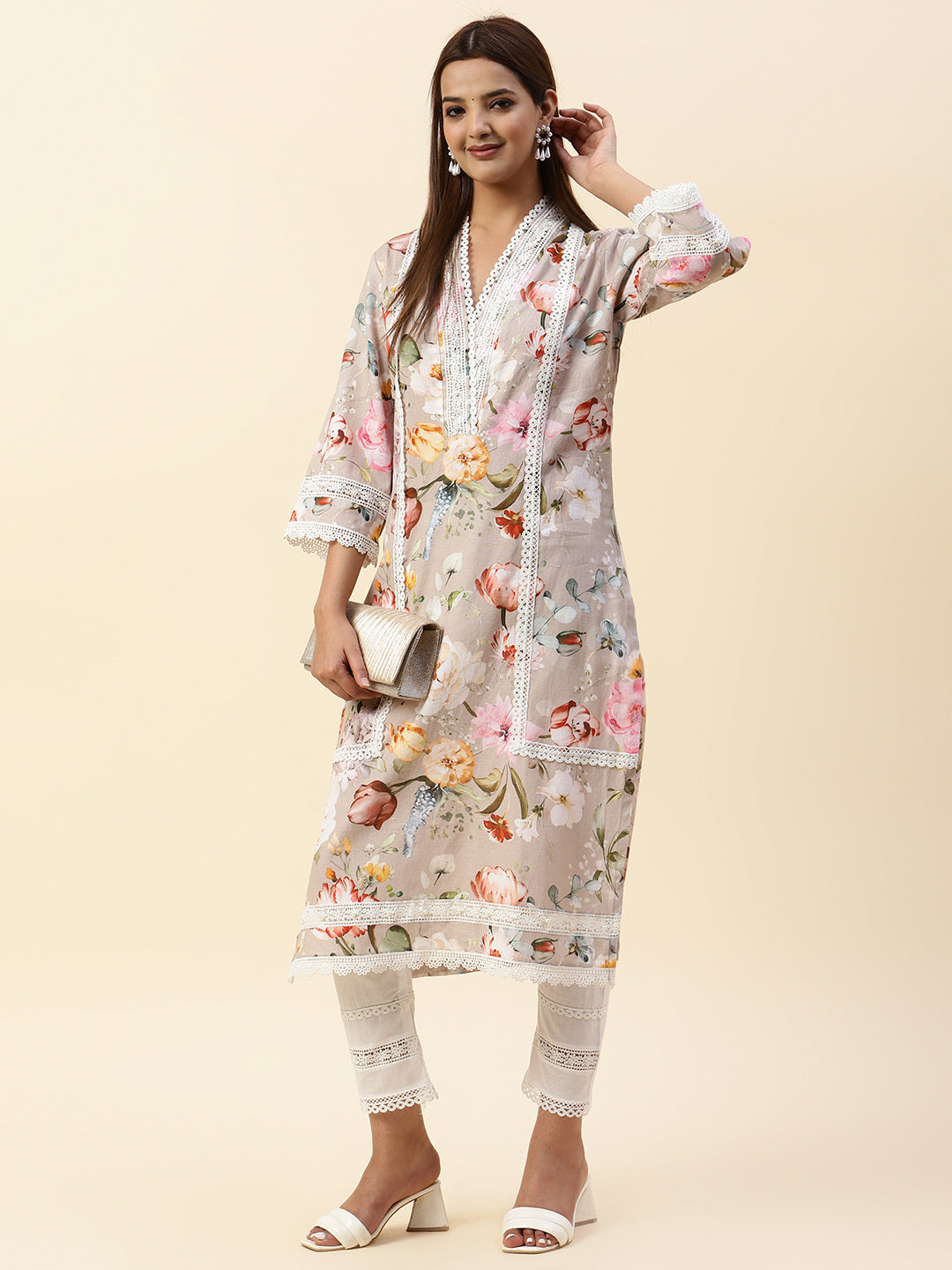 Floral Printed Cotton Kurta With Pants