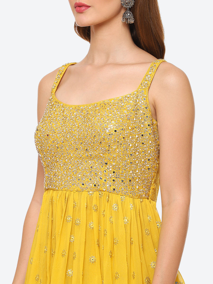 Mirror Neck Embroidered Georgette Peplum Kurti With Garara &amp; Georgette Dupatta
