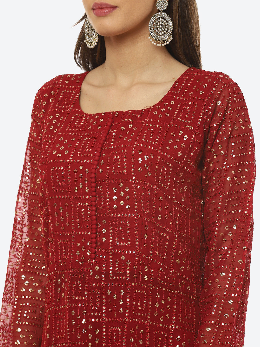 Sequin Embroidered Art Georgette Kurta With Palazzo &amp; Georgette Dupatta