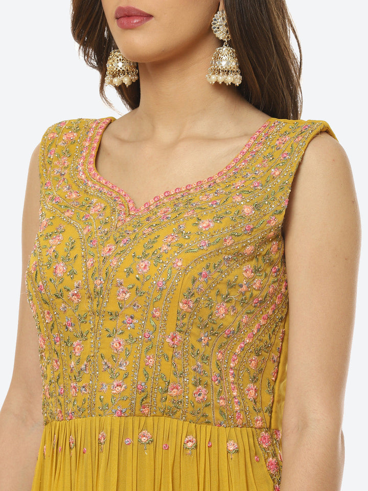 Resham Booti Georgette Anarkali With Sharara &amp; Net Dupatta