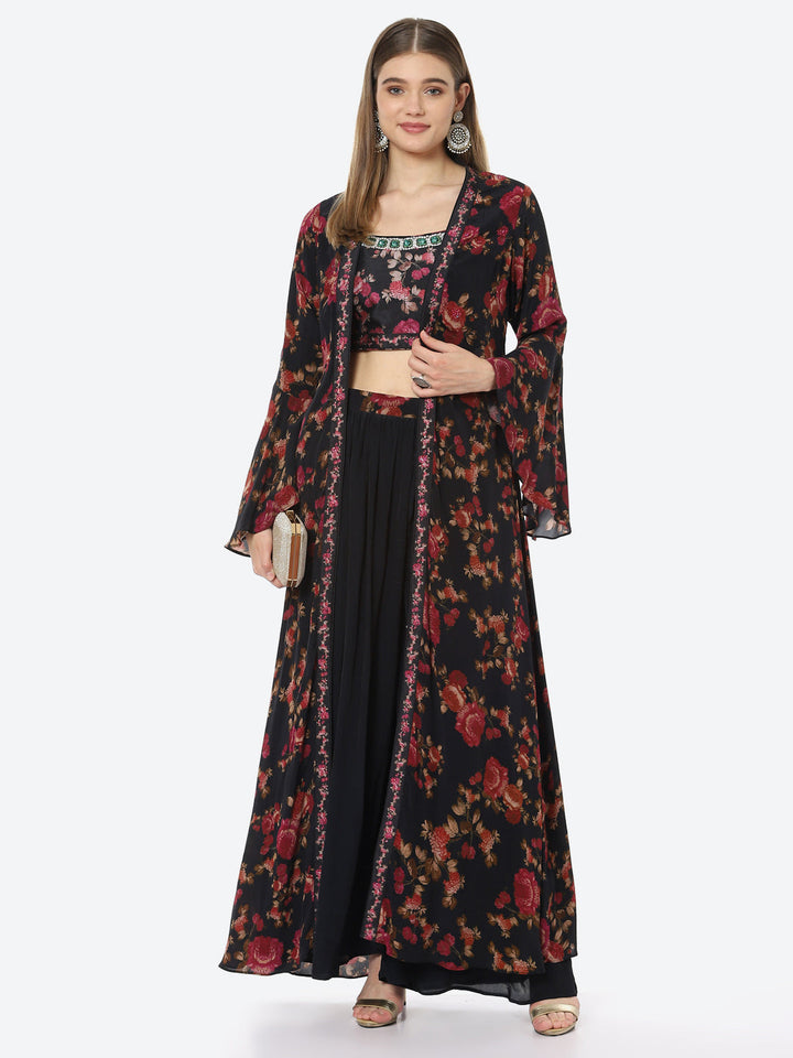 Digital Floral Printed Crepe Crop Top With Sharara &amp; Jacket