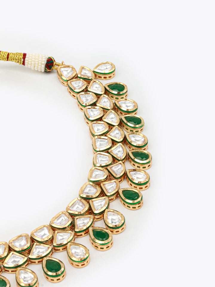 Silver-Green Kundan Necklace Set With Earrings