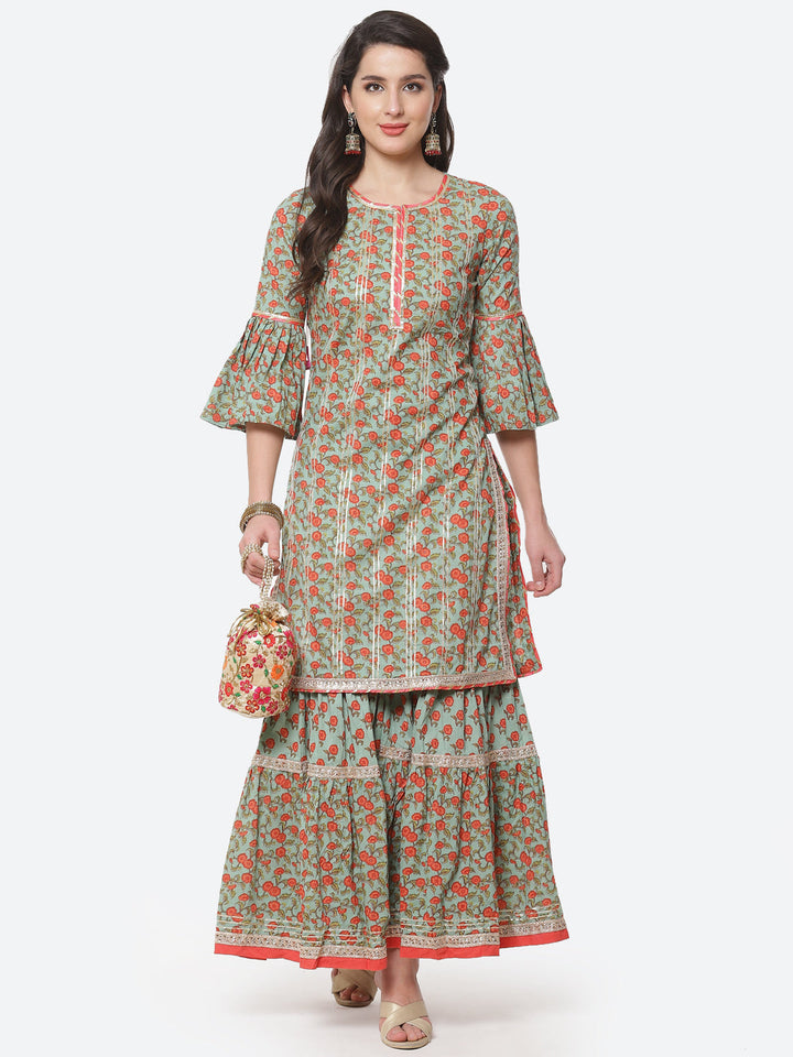 Floral Printed Gota Work Cotton Kurti With Sharara